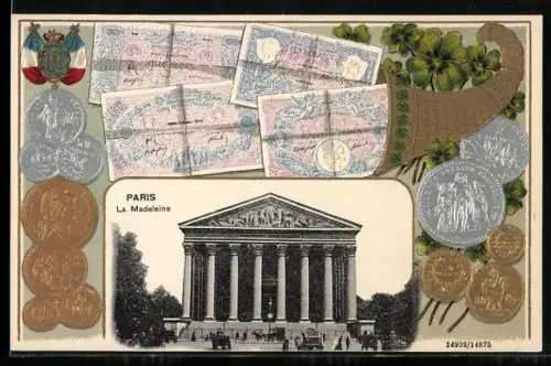 AK Paris, La Madeleine mit Geldscheinen und Münzen in einem Horn