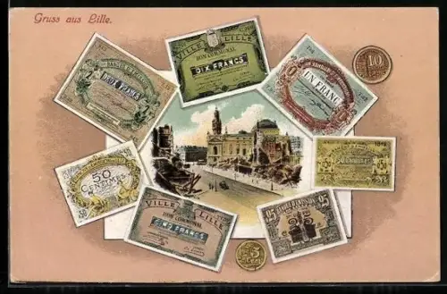 AK Lille, Blick in den Ort umgeben von Geldscheinen