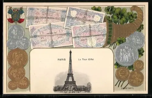 AK Paris, La Tour Eiffel mit Geldmünzen und Scheinen die aus einem Horn kommen