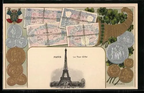 AK Paris, La Tour Eiffel mit Geldmünzen und Scheinen die aus einem Horn kommen