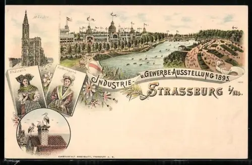 Lithographie Strassburg, Industrie- u. Gewerbe-Ausstellung 1895, Münster, Storchennest, Elsässerin in Tracht