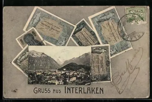 AK Interlaken, Schweizer Geldscheine, Blick auf die Stadt