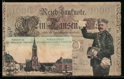 AK Mülhausen i. E., Kath. Stephanskirche am Friedensplatz, Geldscheinpassepartout