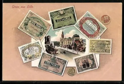 AK Lille, Strassenansicht, Geldscheine und Münzen