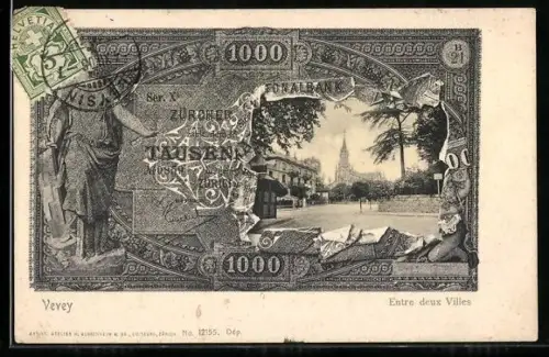 AK Vevey, Entre deux Villes, Geldscheinpassepartout