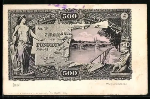 AK Basel, Blick auf die Wettsteinbrücke in einem Geldschein-Passepartout