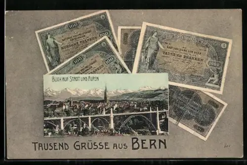 AK Bern, Orts- und Alpenpanorama mit Geldscheinen im Passepartout