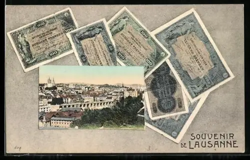 AK Lausanne, Totalansicht aus der Vogelschau, Beispielscheine Schweizer Franken
