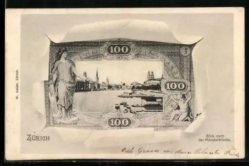 AK Zürich, Blick nach der Münsterbrücke durch einen Hunderter