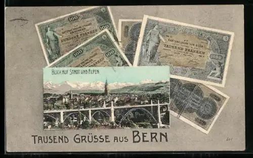 AK Bern, Orts- und Alpenpanorama mit Geldscheinen im Passepartout