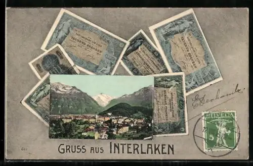 AK Interlaken, Schweizer Geldscheine, Blick auf die Stadt