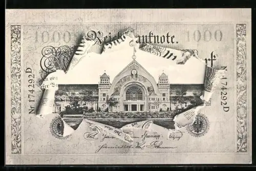 AK Nürnberg, Bayer. Jubiläums-Landesausstellung 1906, Haupt-Industriegebäude, Geldschein