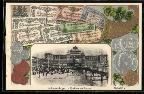 AK Scheveningen, Kurhaus und Strand, Füllhorn mit Geld