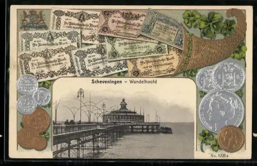 AK Scheveningen, Wandelhoofd mit Geld und Füllhorn im Passepartout