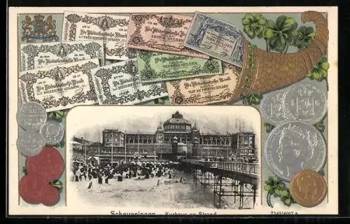AK Scheveningen, Kurhaus und Strand, Füllhorn mit Geld