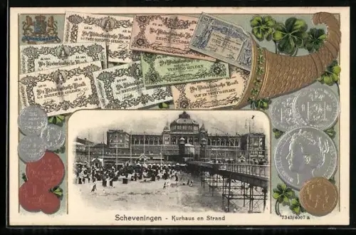AK Scheveningen, Kurhaus und Strand, Füllhorn mit Geld
