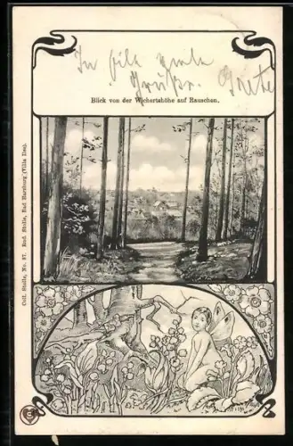 AK Rauschen, Blick von der Wichertshöhe auf den Ort mit Elfe im Passepartout