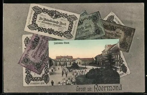 AK Roermond, Stations-Plein, Geldscheine im Passepartout