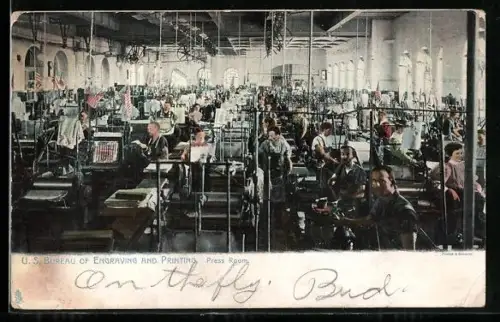 AK Washington, Druckerei für Geldscheine u. Briefmarken, Innenansicht, US Bureau of engraving an printing, press room