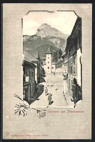 AK Eisenerz, Strassenpartie mit Pfaffenstein, Passepartout