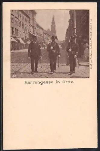AK Graz, Soldaten in Uniform flanieren in der Herrengasse
