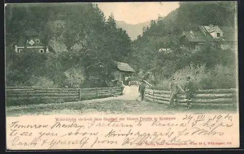 AK Krampen, Waldidylle vis-a-vis dem Gasthof zur blauen Forelle