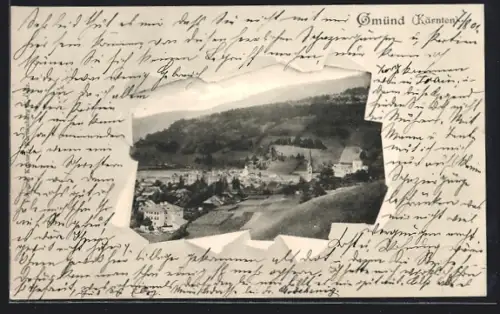 AK Gmünd /Kärnten, Teilansicht durch zerrissenes Papier