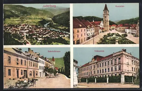 AK Judenburg, Volksschule, Hauptplatz, Bahnhofstrasse