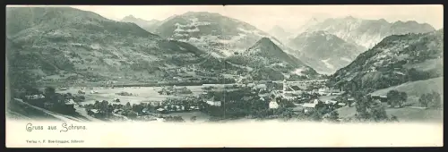 Klapp-AK Schruns, Totalansicht des Ortes mit Gebirgspanorama