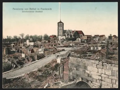 Klapp-AK Rethel, Panorama eines zerschossenen Staddteils