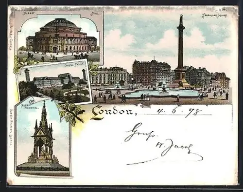 Lithographie London, Albert Hall, Trafalgar Square