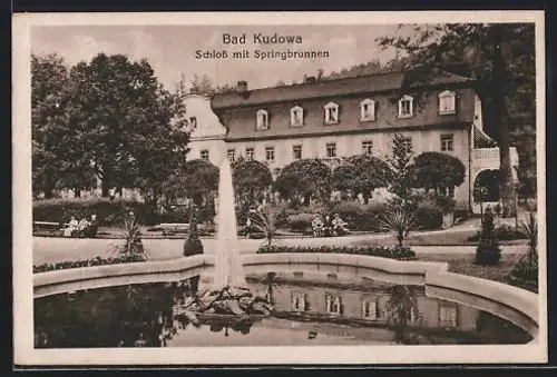 Mini-AK Bad Kudowa, Schloss mit Sprinbrunnen