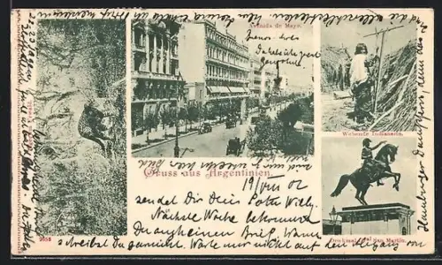 Mini-AK Argentinien, Avenida de Mayo, Denkmal G. San Martin, Webende Indianerin