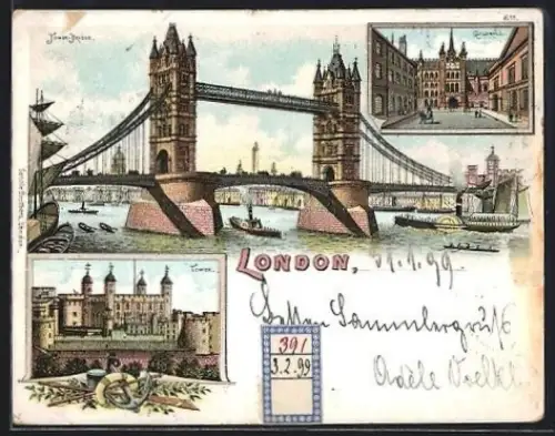 Lithographie London, Tower, Tower-Bridge, Guildhall