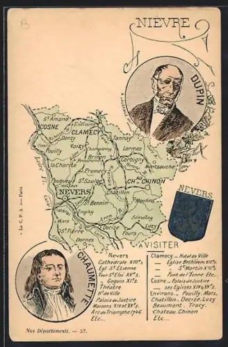 AK Nevers /Nièvre, Carte illustrée du département avec portraits et armoiries de Nevers
