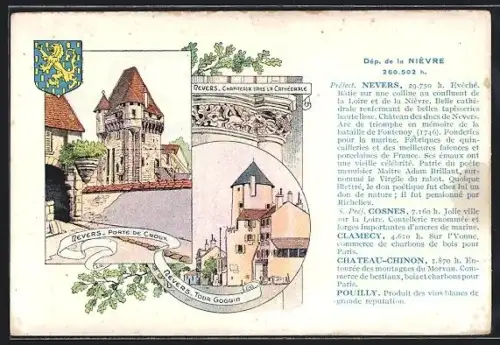 AK Nevers, Porte de Croux et Tour Goguin avec détails architecturaux de la cathédrale