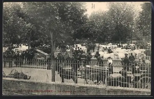 AK Moulins-Engilbert, Le Champ de Foire avec foule et bétail