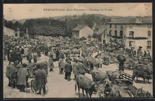 AK Eymoutiers /Hte-Vienne, Champ de Foire avec foule et bétail