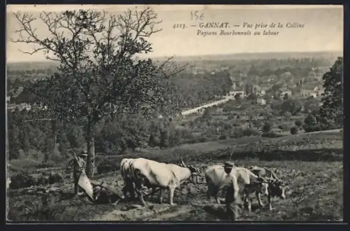 AK Gannat, Vue prise de la Colline, Paysans Bourbonnais au labour