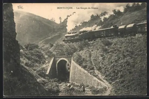 AK Montlucon, Les Gorges du Diénat avec train à vapeur traversant un pont