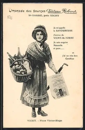 AK Vichy, La Savoureuse de Vichy-St-Yorre, publicité pour limonade des Sources Bateau Robert