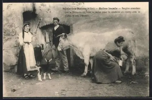 AK Néris-les-Bains, Allier, Scène locale, Bergère avec chèvre et boeuvre devant une étable rustique
