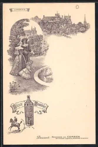 AK Langeais, Château en arrière-plan avec couple élégant et promotion Elixir Combier