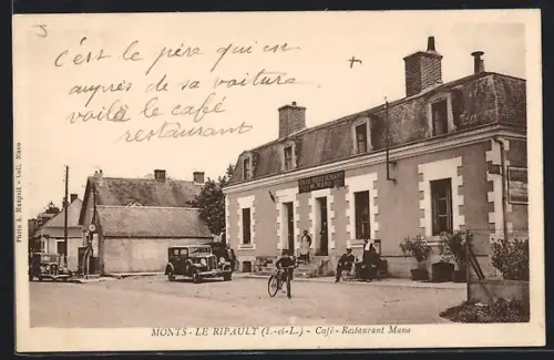 AK Monts /Le Ripault, Café-Restaurant Mano avec voitures et cyclistes en avant-plan