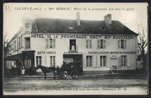 AK Loches /I.-et-L., Hôtel de la promenade face à la gare avec calèche devant