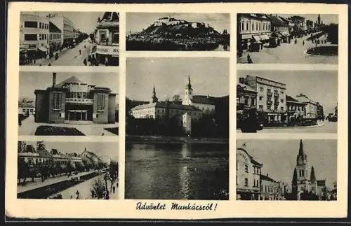 AK Munkács, Ufer, Strassenpartie, Kirche