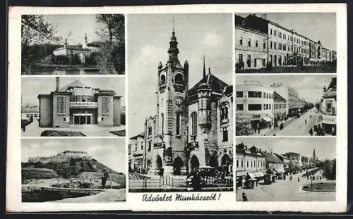 AK Munkács, Strassenpartien mit Geschäften, Schloss und Festung