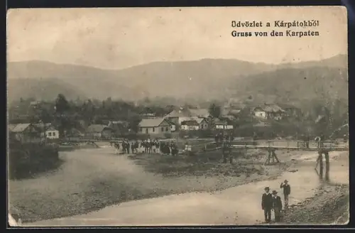 AK Solyvar /Kárpátok, Panorama mit Brücke