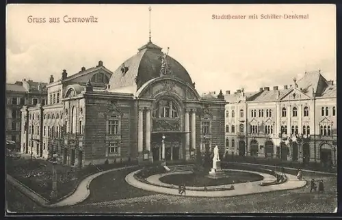 AK Czernowitz, Stadttheater mit Schiller-Denkmal