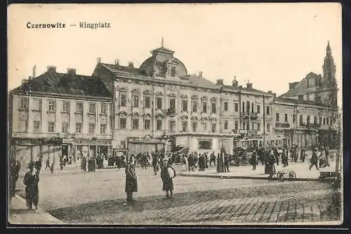 AK Czernowitz, Ringplatz, Panorama mit Strassenbahn, Turmgebäude